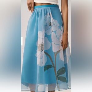 FARM Rio for Anthropologie Blue Floral A-Line Organza Midi Skirt